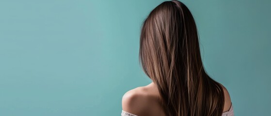 Sticker -  the back of a woman's head with long, straight, brown hair in front of a blue background.