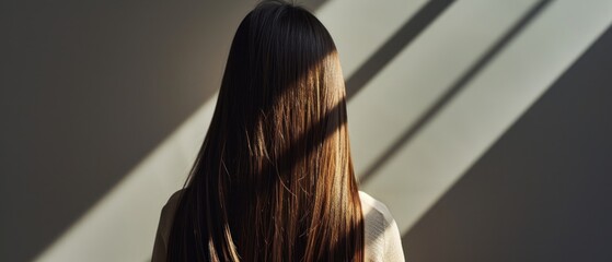 Sticker -  the back of a woman's head with long, straight, brown hair in front of a white wall.