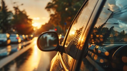 Poster -  a close up of a car's rear view mirror with the sun shining through the trees in the background.