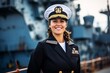 Portrait of a beautiful young woman in uniform of a ship captain