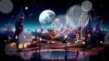 Amusement Park In The Night With Moon And Star, Loop Video Background Animation, Cartoon Anime Style, For Vtuber / Streamer Backdrop