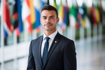 Canvas Print - Portrait of a confident businessman standing in front of the flags of the European Union