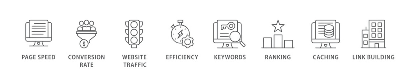 Website optimization banner web icon vector illustration concept with icon of page speed, conversion rate, website traffic, efficiency, keywords, ranking, caching, link building