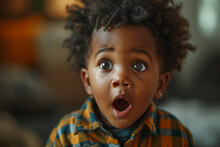 Portrait Of A Boy. Surprise, Excitement And Fascination Concept. Funny Bug Eyed African Little Boy Opening His Mouth Widely, Shocked With Astonishing Unexpected News, Having Amazed Look, Showing Full 