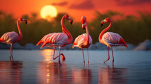 A Flock Of Flamingos Standing In Shallow Water At Sunset.