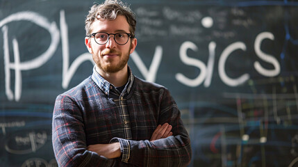 Portrait of a handsome young man standing in front of a chalkboard with the word 