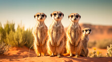 A Group Of Meerkats Standing Alert In The Desert.