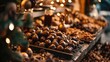 A tray of nuts placed on a table with beautiful lights in the background. Suitable for various culinary and festive themes