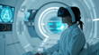 Frau mit VR Brille bei Untersuchung in futuristischem Krankenhaus /Hirnscan