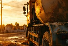 A Cement Truck Is Parked On The Side Of The Road. This Image Can Be Used To Illustrate Construction, Infrastructure, Transportation, Or Road Maintenance Concepts