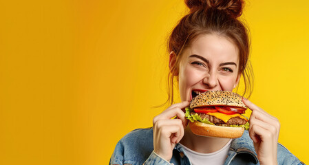 Wall Mural - Happy loya girl bites a hamburger and laughs on yellow background street food concept