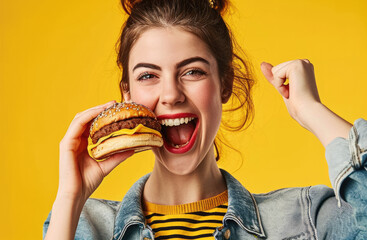 Wall Mural - A young girl laughing and holding a fresh crispy hamburger in her hand on a yellow background