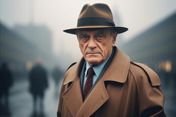 Wall Mural - Elderly man in beige coat and hat on a city street