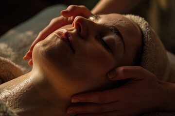 Wall Mural - Woman getting a facial massage at a spa. Ideal for beauty and relaxation concepts