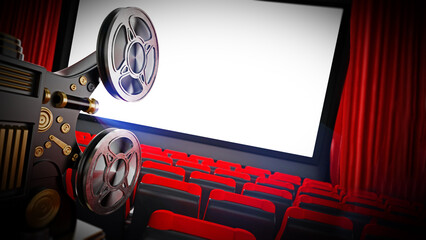 Wall Mural - Vintage cinema projector in cinema theater. 3D illustration