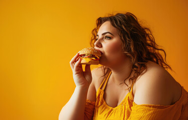 Wall Mural - Very fat girl eating a hamburger on a coloured background, fast food is bad for health