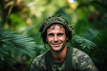 Wall Mural - Portrait of a young soldier smiling in the jungle. Selective focus.