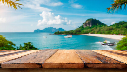 Wall Mural - Wooden table set against the backdrop of the sea, an island, and the clear blue sky