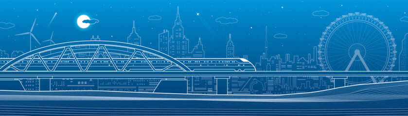 Wall Mural - Train rides on the bridge. City industry and transport illustration. Ferris wheel. Urban scene. White lines on blue background. Vector design art