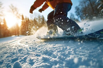 Canvas Print - A person riding a snowboard down a snow covered slope. Ideal for winter sports and outdoor activities