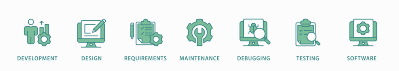 Agile banner web icon vector illustration concept with icon of development, design, requirements, maintenance, debugging, testing and software