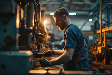 Wall Mural - A man is seen working on a machine in a factory. This image can be used to depict industrial work, manufacturing processes, or technology advancements in the workplace
