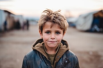 Sticker - Portrait of a cute little boy in the village at sunset.