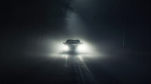 The Light Of A Car Headlights Breaking Through The Fog
