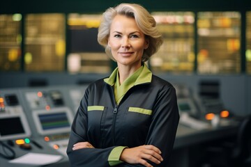 Poster - Portrait of confident mature woman standing in control room of industrial factory