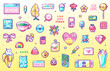 © Takoyaki Shop - Pixel Art Y2K Love Geek Sticker Set. 8bit Cute Retro Game Elements - Sweets, Consoles, Gifts, Flowers, Animals, Desserts, Cupid, Valentine'd Day Stuff. Vector graphic for decorations, print patterns.