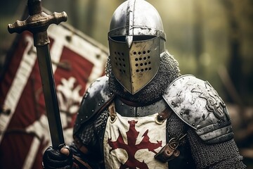 Knight in armor and sword on the background of the medieval fortress.