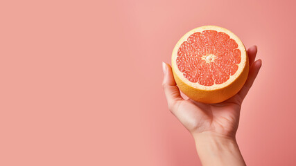 Wall Mural - Hand holding sliced grapefruit isolated on pastel background