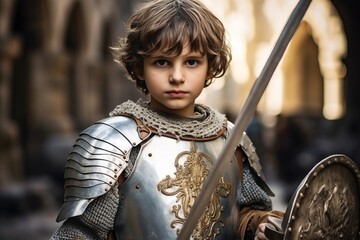 Poster - Portrait of a boy in medieval armor on the background of the cathedral