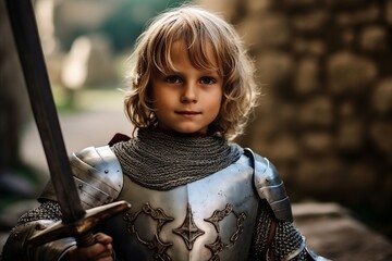 Poster - Portrait of a little boy in medieval armor on a background of stone wall