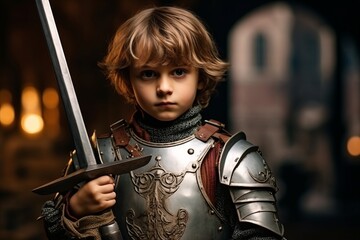 Poster - Portrait of a boy knight in armor with a sword on a dark background