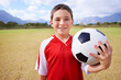 © M Moller/peopleimages.com - Child, portrait and soccer player on field, sports and confidence for match and game. Happy boy, face and ready for competition in outdoors, smiling and practice or training for skills on grass