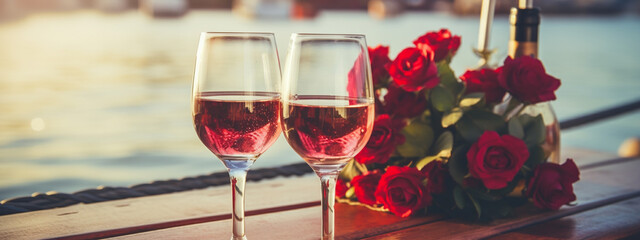 two glasses of pink wine and a bouquet of roses on a wooden surface, blue ocean in the background.