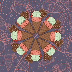 A beautiful seamless surface pattern design of ice cream. A line art illustration of two scoops of cold, icy, dessert.