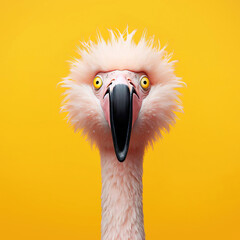 Wall Mural - Flamingo looking surprised, reacting amazed, impressed, standing over yellow background