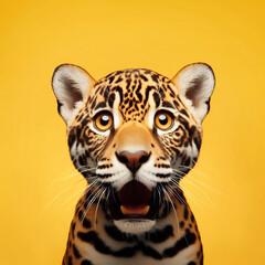 Wall Mural - Jaguar looking surprised, reacting amazed, impressed, standing over yellow background