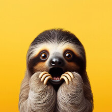 Three-toed Sloth Looking Surprised, Reacting Amazed, Impressed, Standing Over Yellow Background