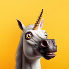 Wall Mural - Unicorn looking surprised, reacting amazed, impressed, standing over yellow background