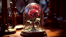 A Red Rose Closed Under A Glass Dome. Symbol Of Love. Generative AI. Loop Video.