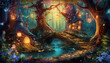 Enchanted fantasy woodland scene illustration