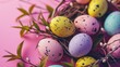 © Viktor - Happy Easter decoration background , colorful Easter eggs over pastel pink background. Easter day