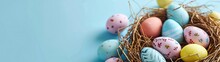 Happy Easter Decoration Background , Colorful Easter Eggs Over Pastel Blue Background. Easter Day