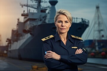 Poster - Portrait of a beautiful mature woman in uniform against shipyard background