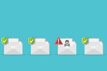 Sticker - Email / envelope with black document and skull icon. Virus, malware, email fraud, e-mail spam, phishing scam, hacker attack concept. 