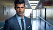 © Asmodar - Serious businessman in a suit standing in a corporate hallway, portraying confidence and professionalism.