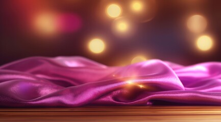 Wall Mural - Pink fabric with lights on wooden table background